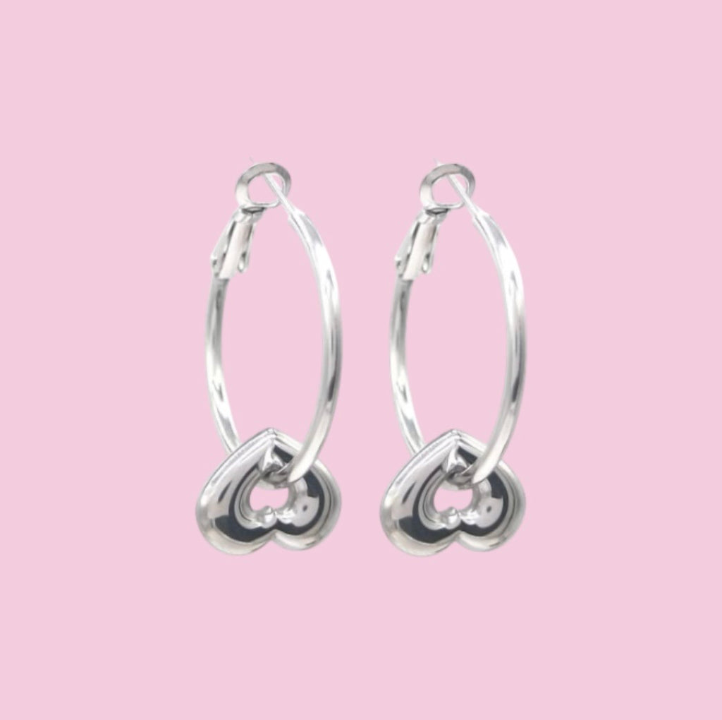 Silver Tone Heart Hoop Earrings