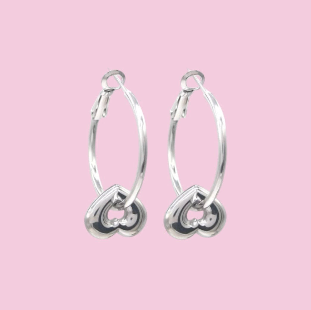 Silver Tone Heart Hoop Earrings