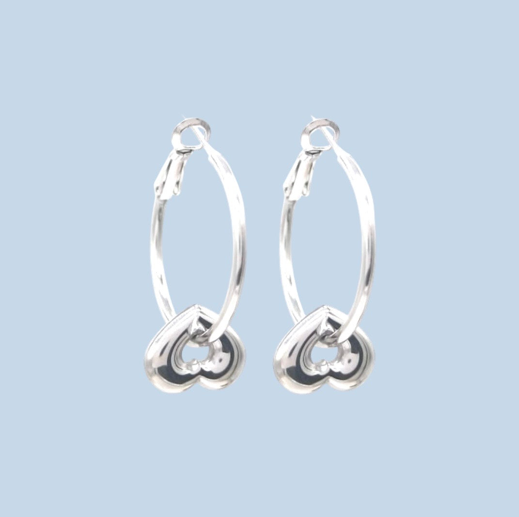 Silver Tone Heart Hoop Earrings