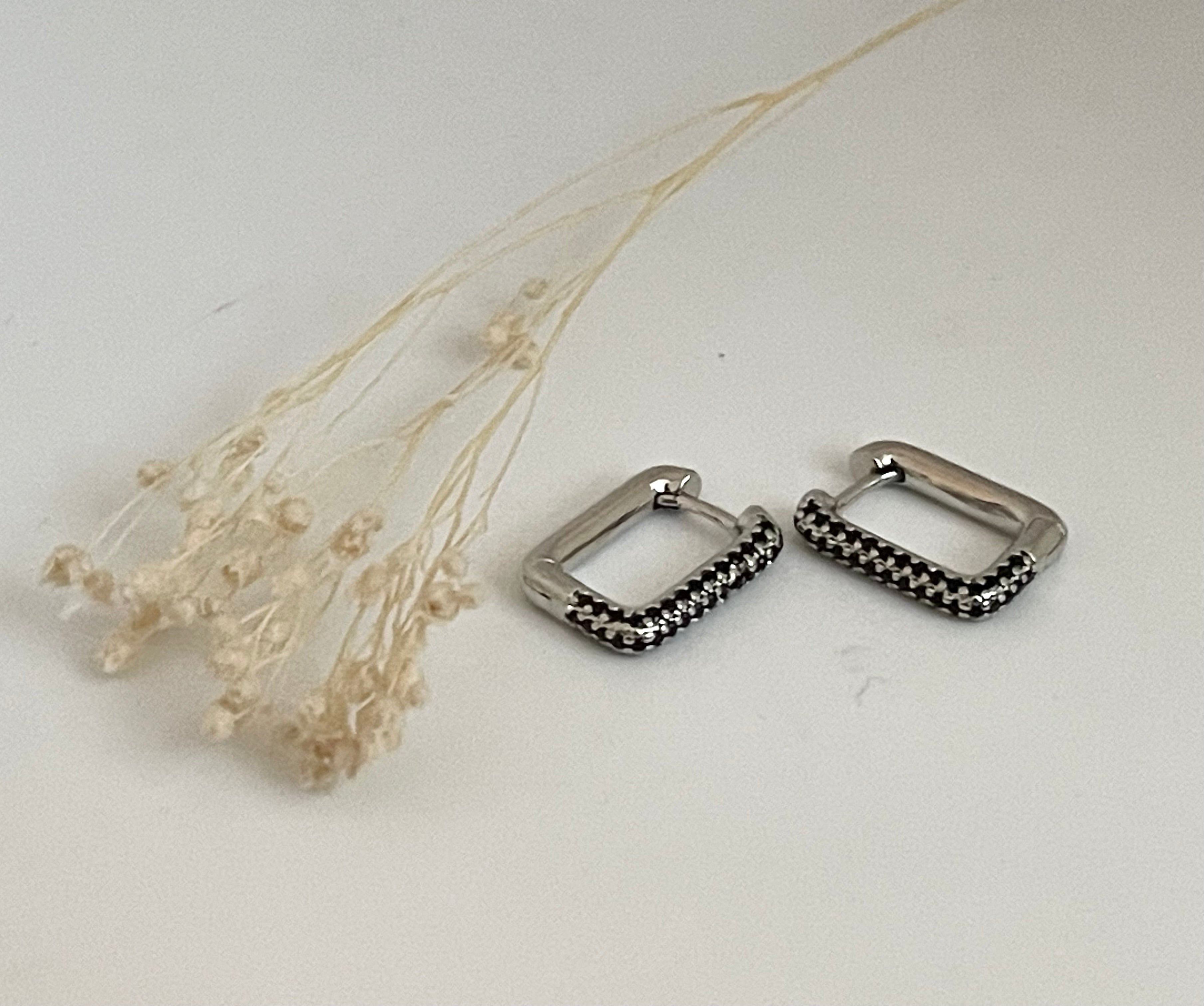 Silver Black Cubic Zirconia Hoop Earrings