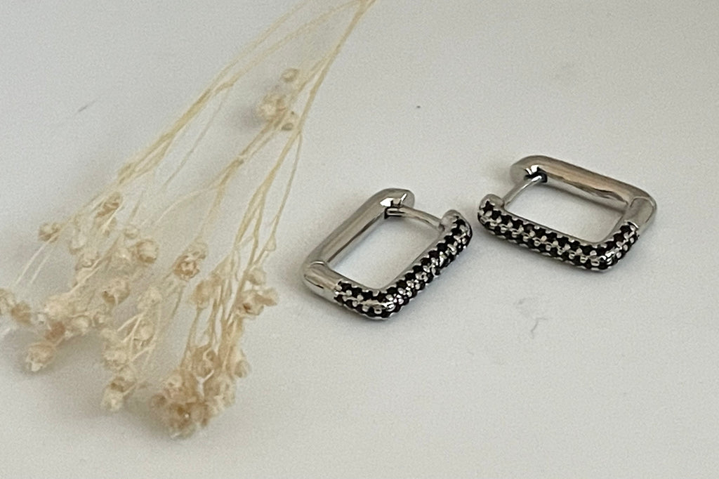 Silver Black Cubic Zirconia Hoop Earrings