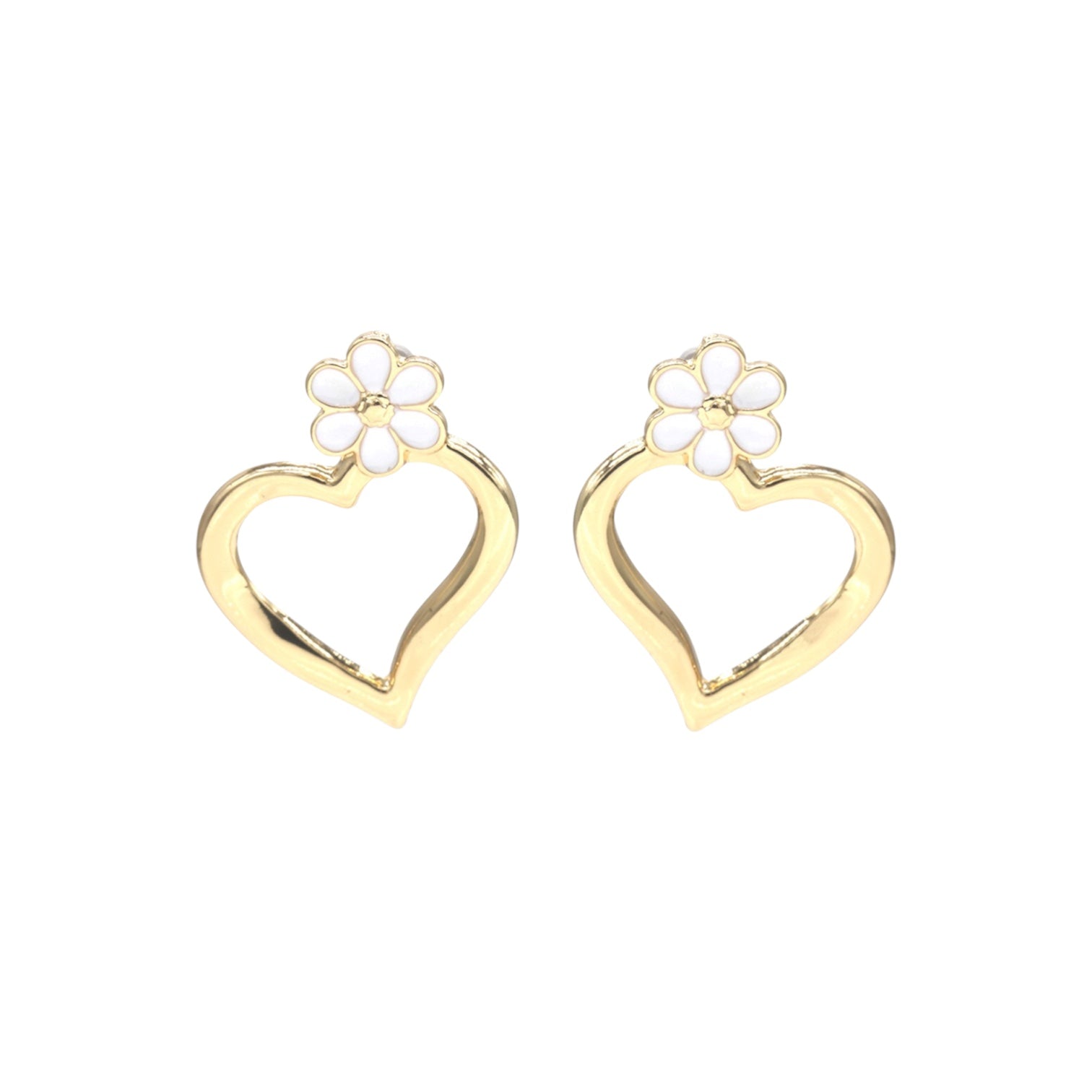 Gold Tone Heart Flower Stud Earrings