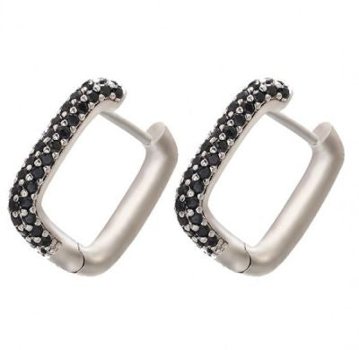 Silver Black Cubic Zirconia Hoop Earrings