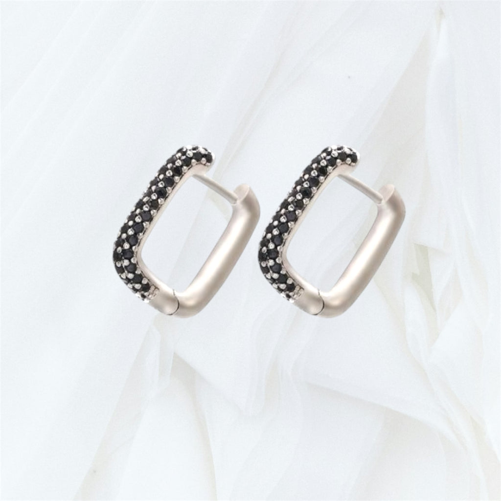 Silver Black Cubic Zirconia Hoop Earrings