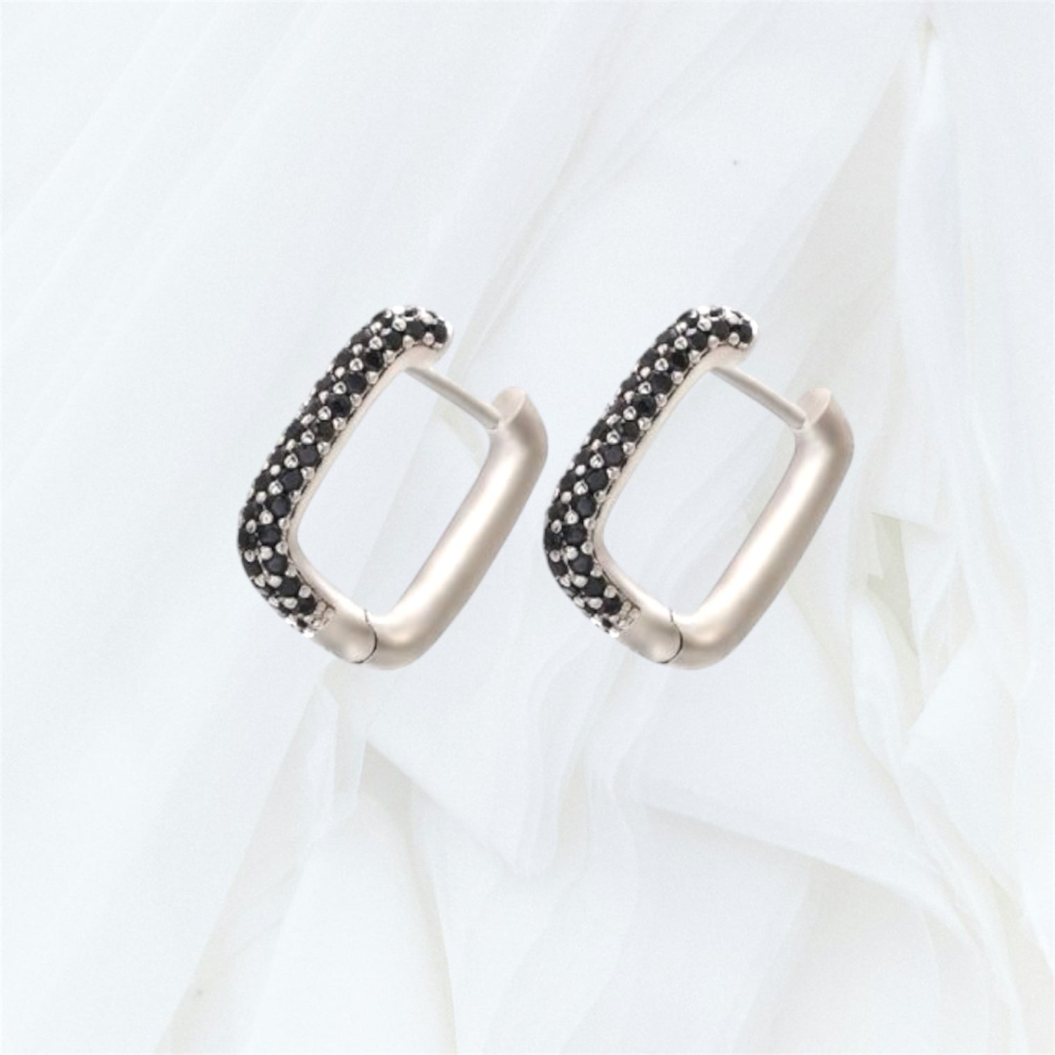 Silver Black Cubic Zirconia Hoop Earrings