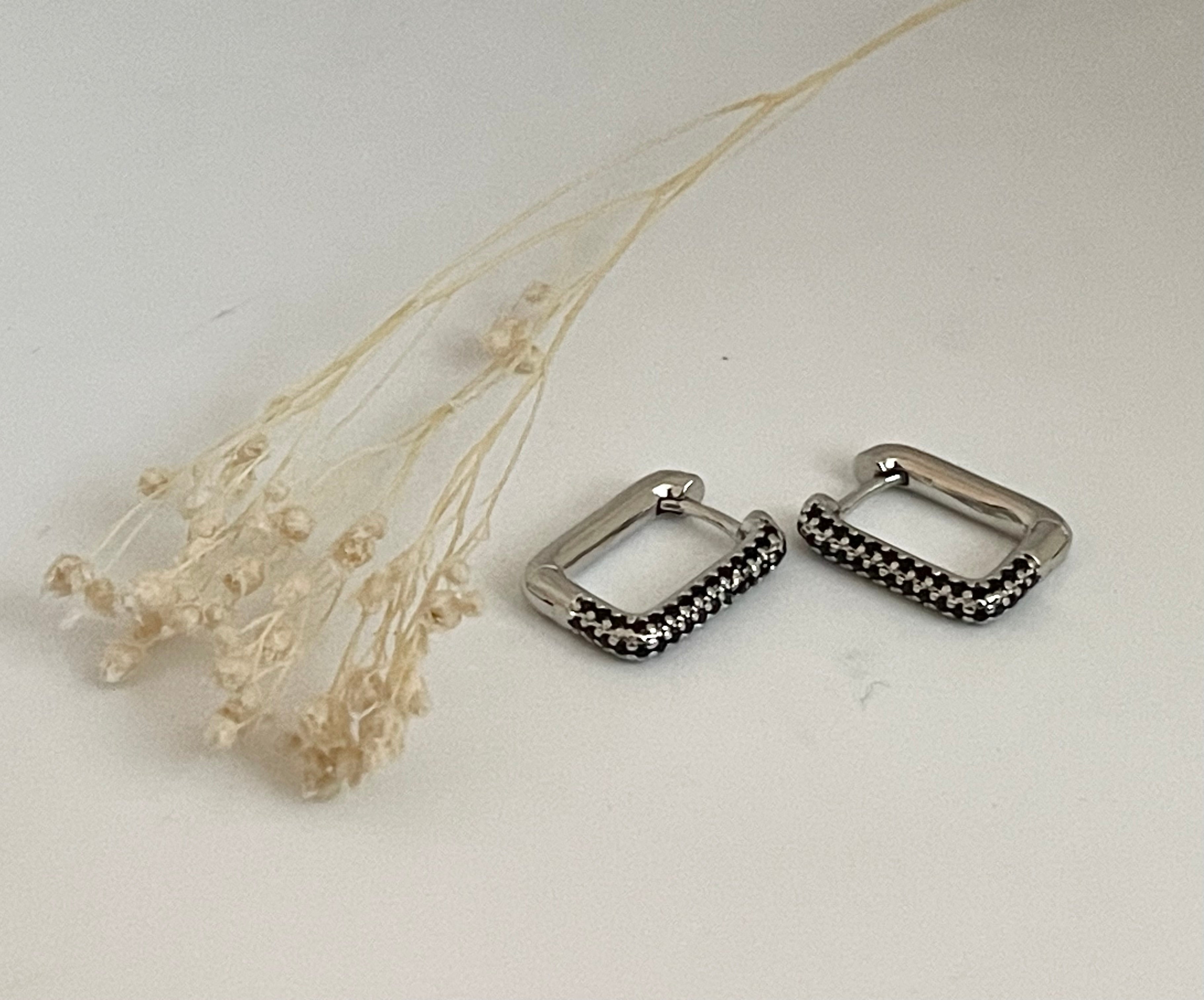 Silver Black Cubic Zirconia Hoop Earrings