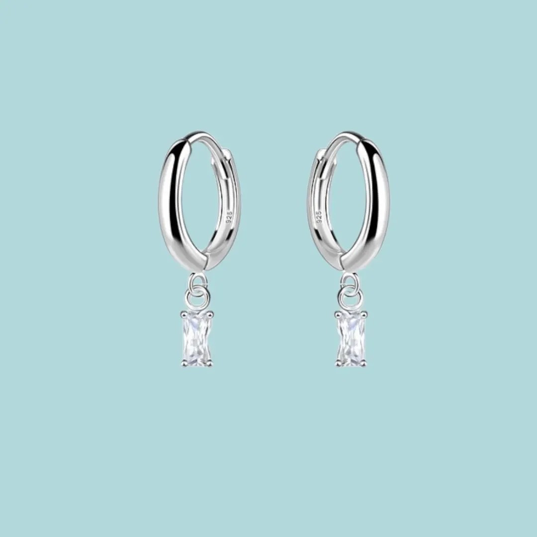Sterling Silver Baguette CZ Huggie Hoop Earrings
