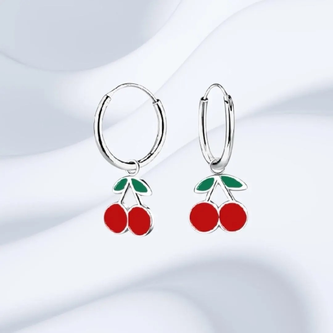 Sterling Silver Cherry Hoop Earrings