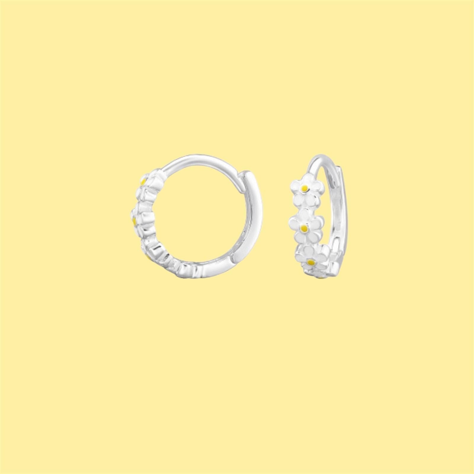 Sterling Silver Daisy Huggie Hoop Earrings