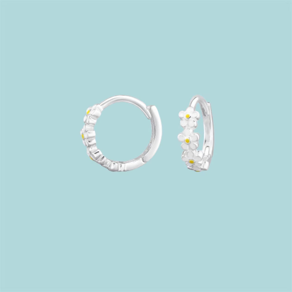 Sterling Silver Daisy Huggie Hoop Earrings