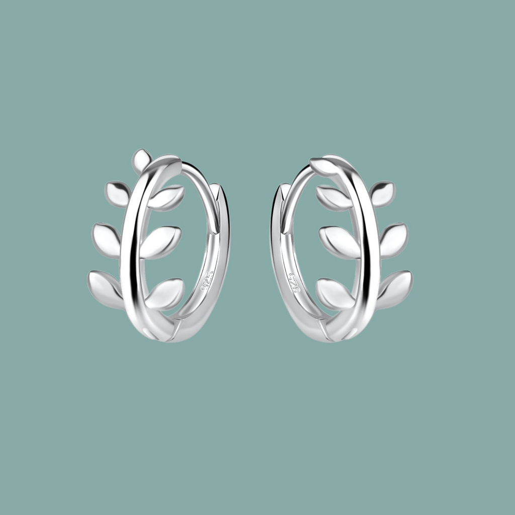 Sterling Silver Olive Leaf Huggie Hoop Earrings