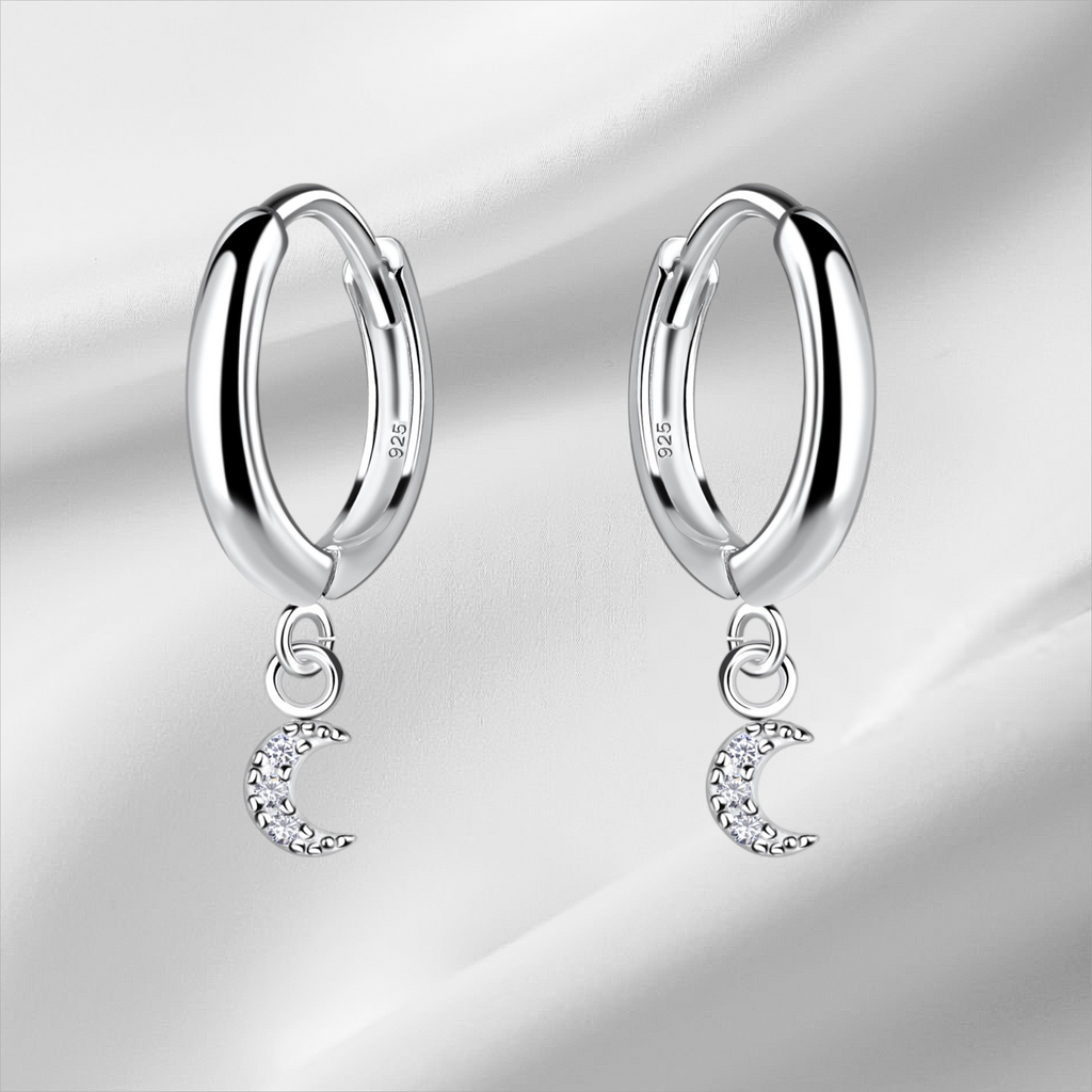 Sterling Silver Moon Cubic Zirconia Huggie Hoop Earrings