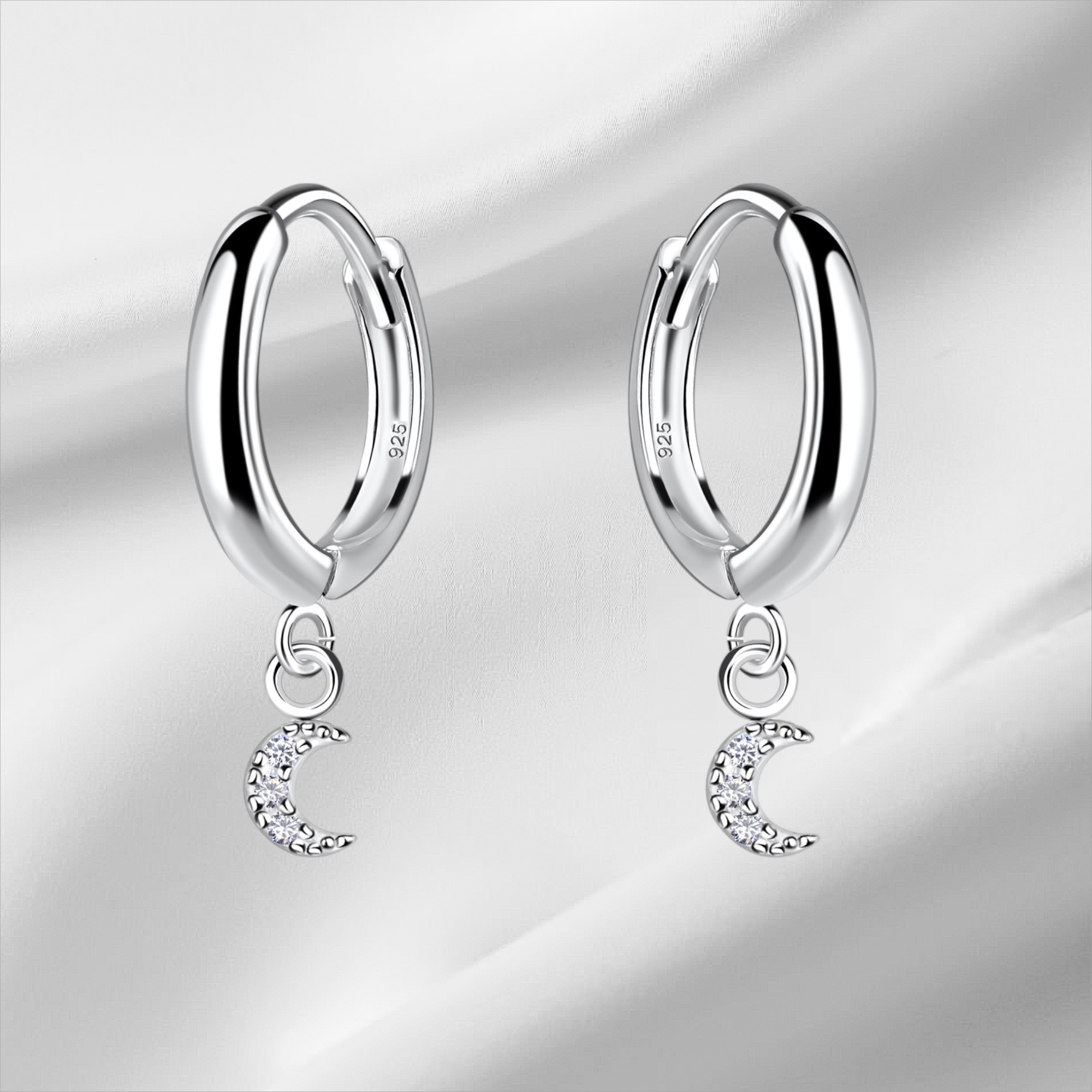 Sterling Silver Moon Cubic Zirconia Huggie Hoop Earrings