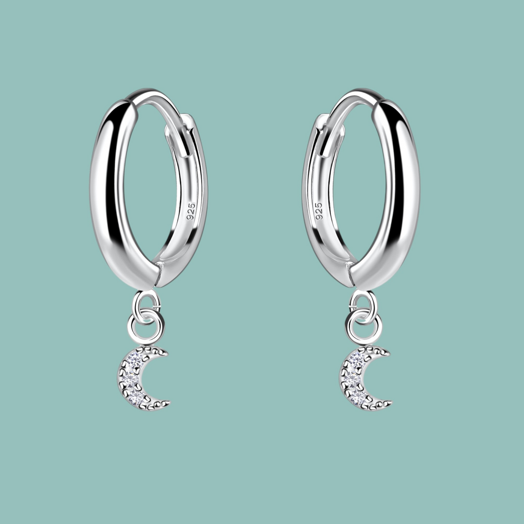 Sterling Silver Moon Cubic Zirconia Huggie Hoop Earrings