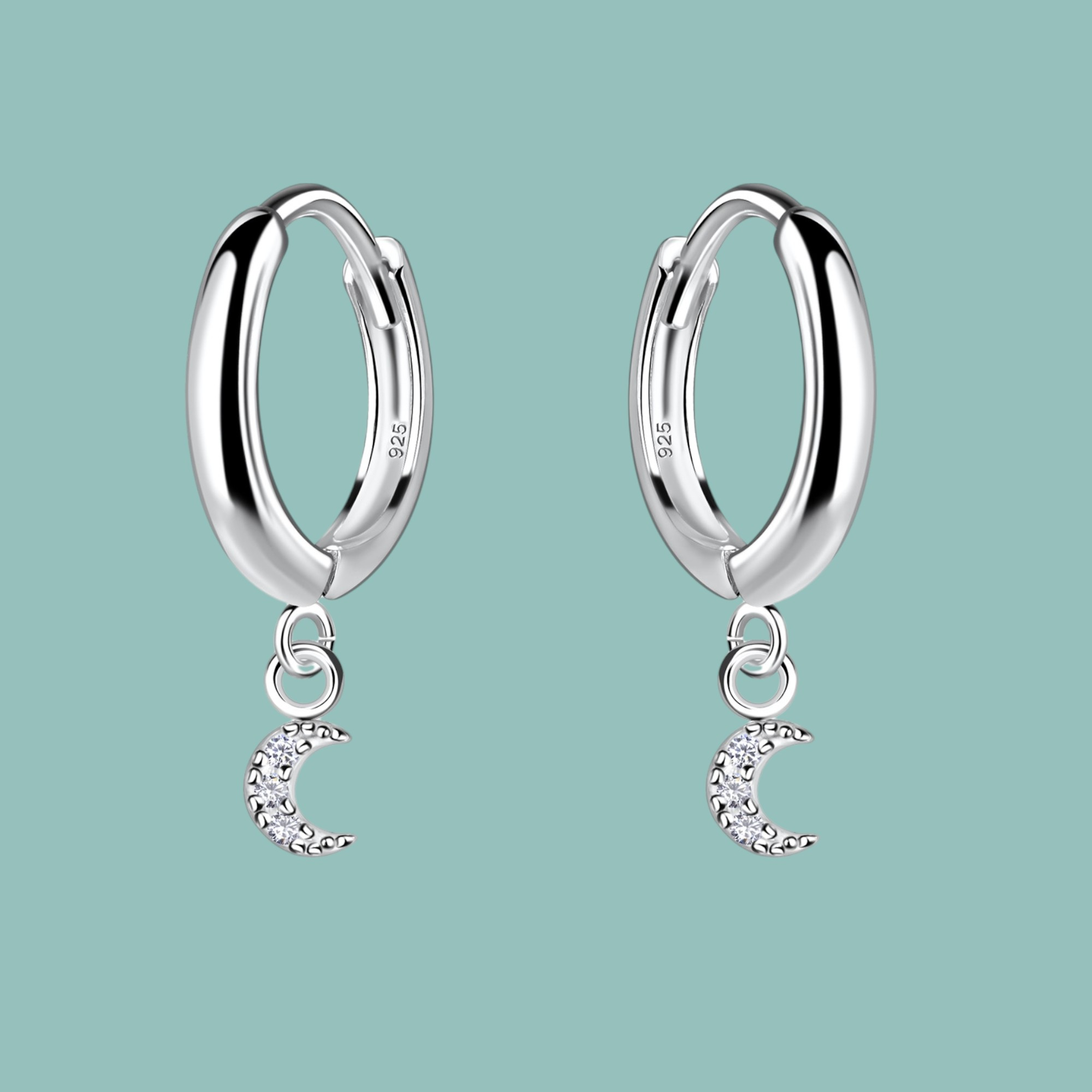 Sterling Silver Moon Cubic Zirconia Huggie Hoop Earrings