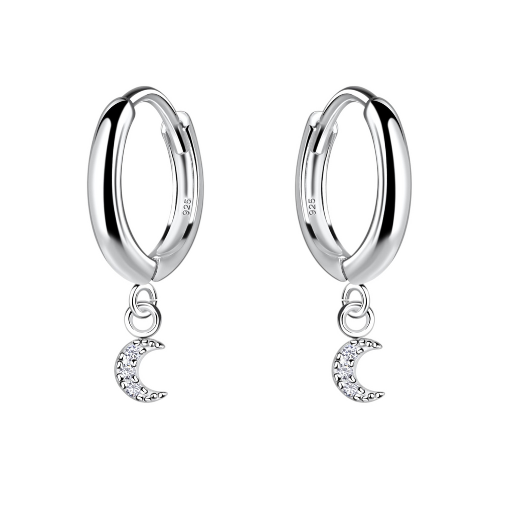 Sterling Silver Moon Cubic Zirconia Huggie Hoop Earrings