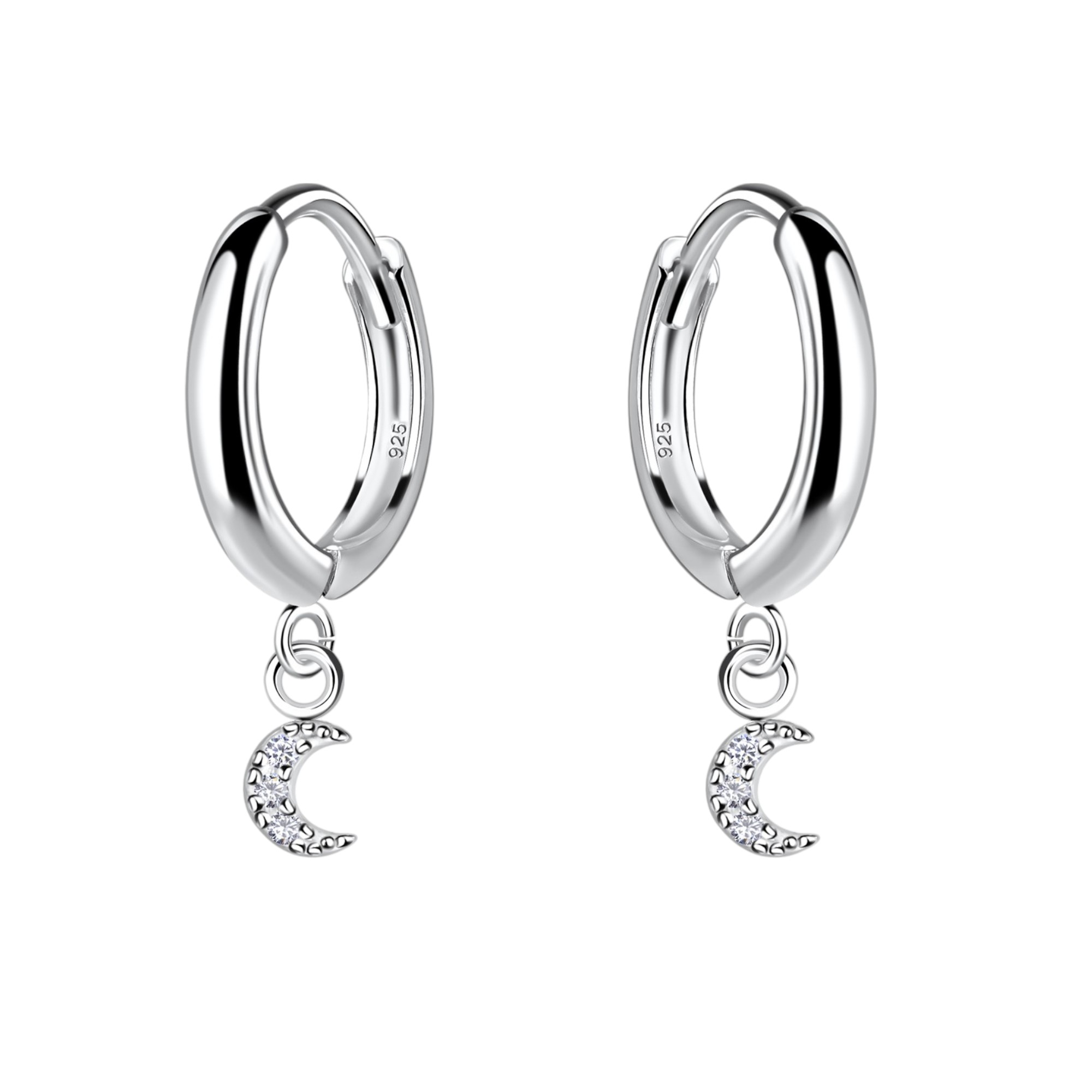Sterling Silver Moon Cubic Zirconia Huggie Hoop Earrings