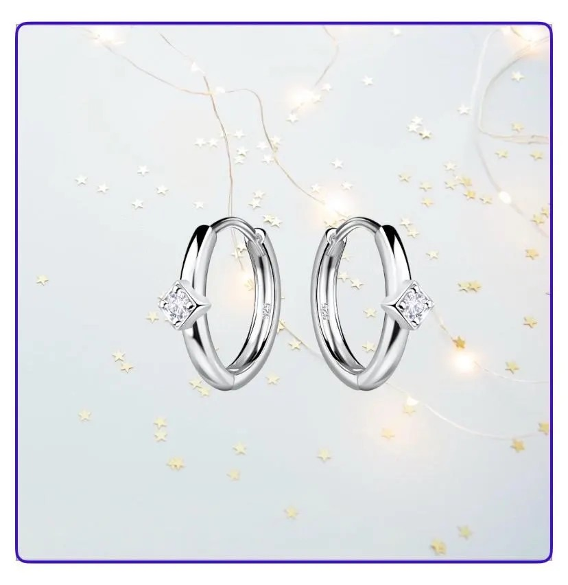 Sterling Silver Square Inset Cubic Zirconia Huggie Hoop Earrings