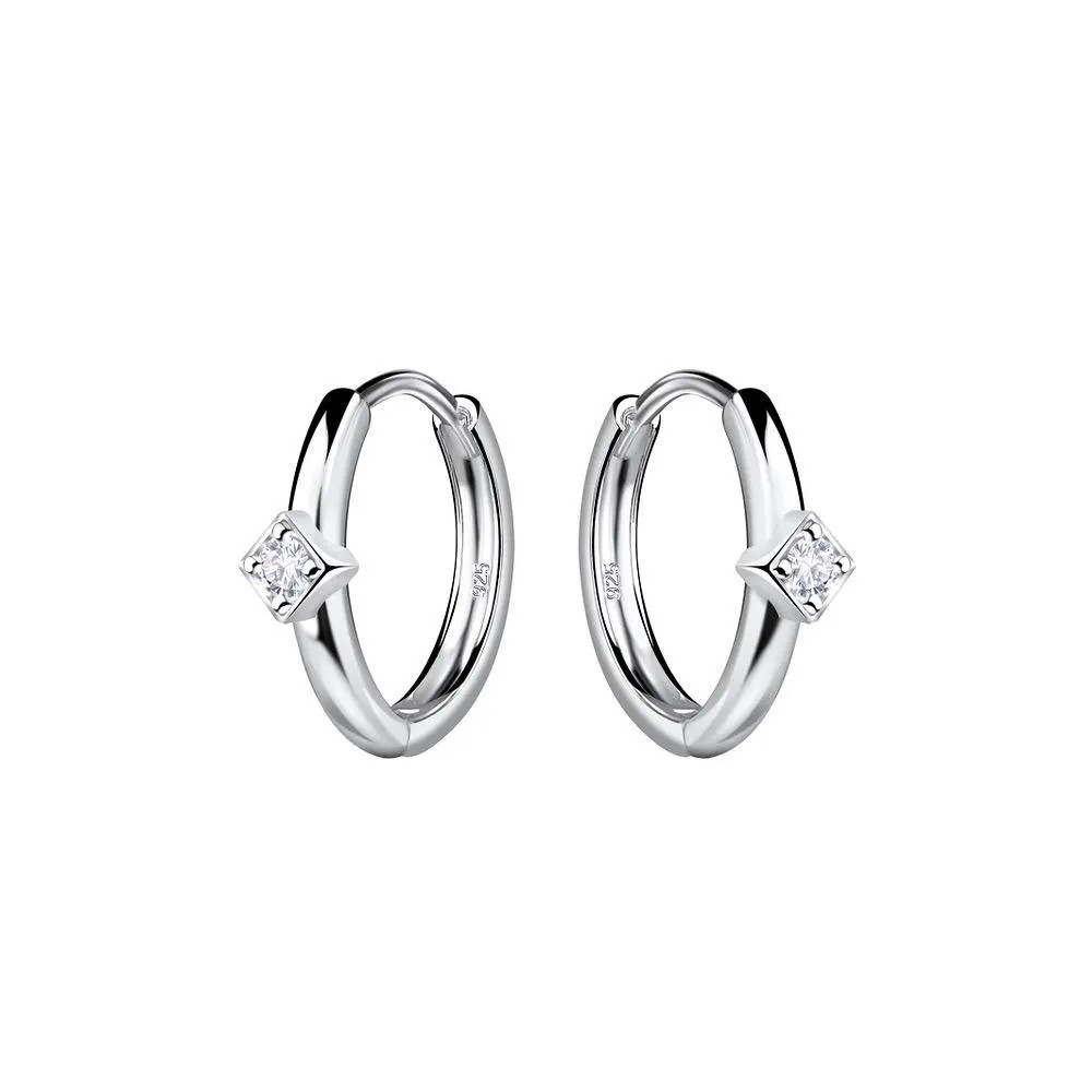 Sterling Silver Square Inset Cubic Zirconia Huggie Hoop Earrings