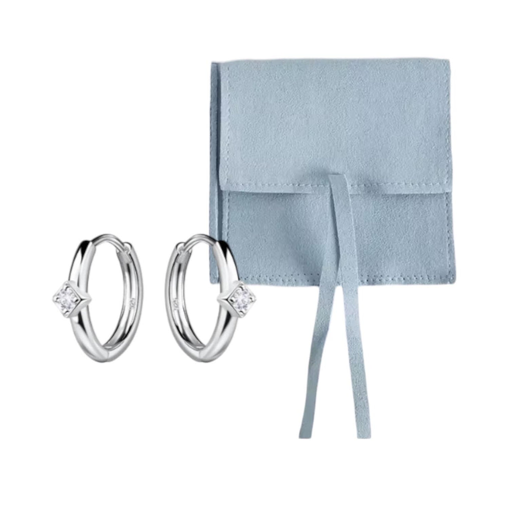 Sterling Silver Square Inset Cubic Zirconia Huggie Hoop Earrings