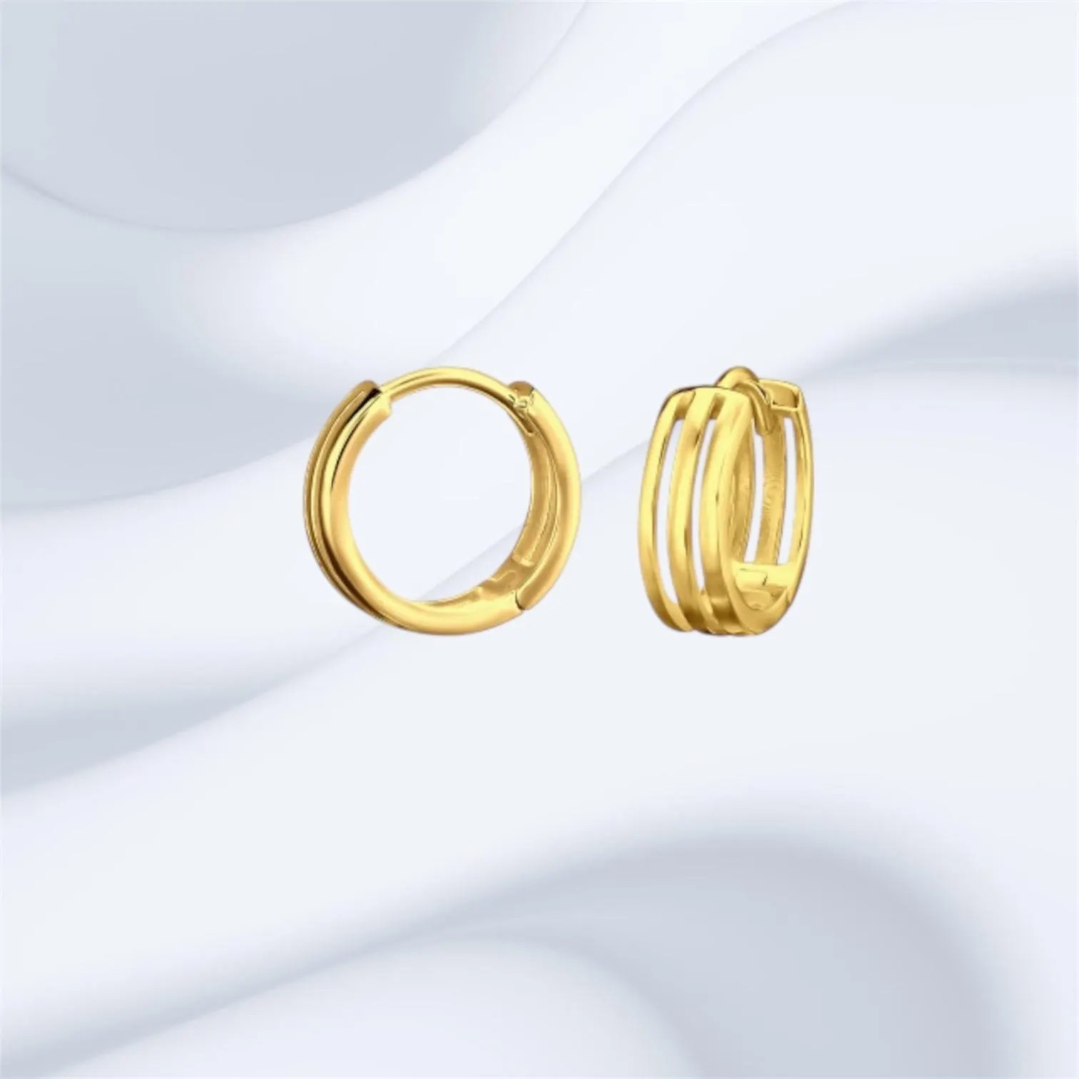 Sterling Silver 14K Gold Triple-Line Cubic Zirconia Hoop Earrings