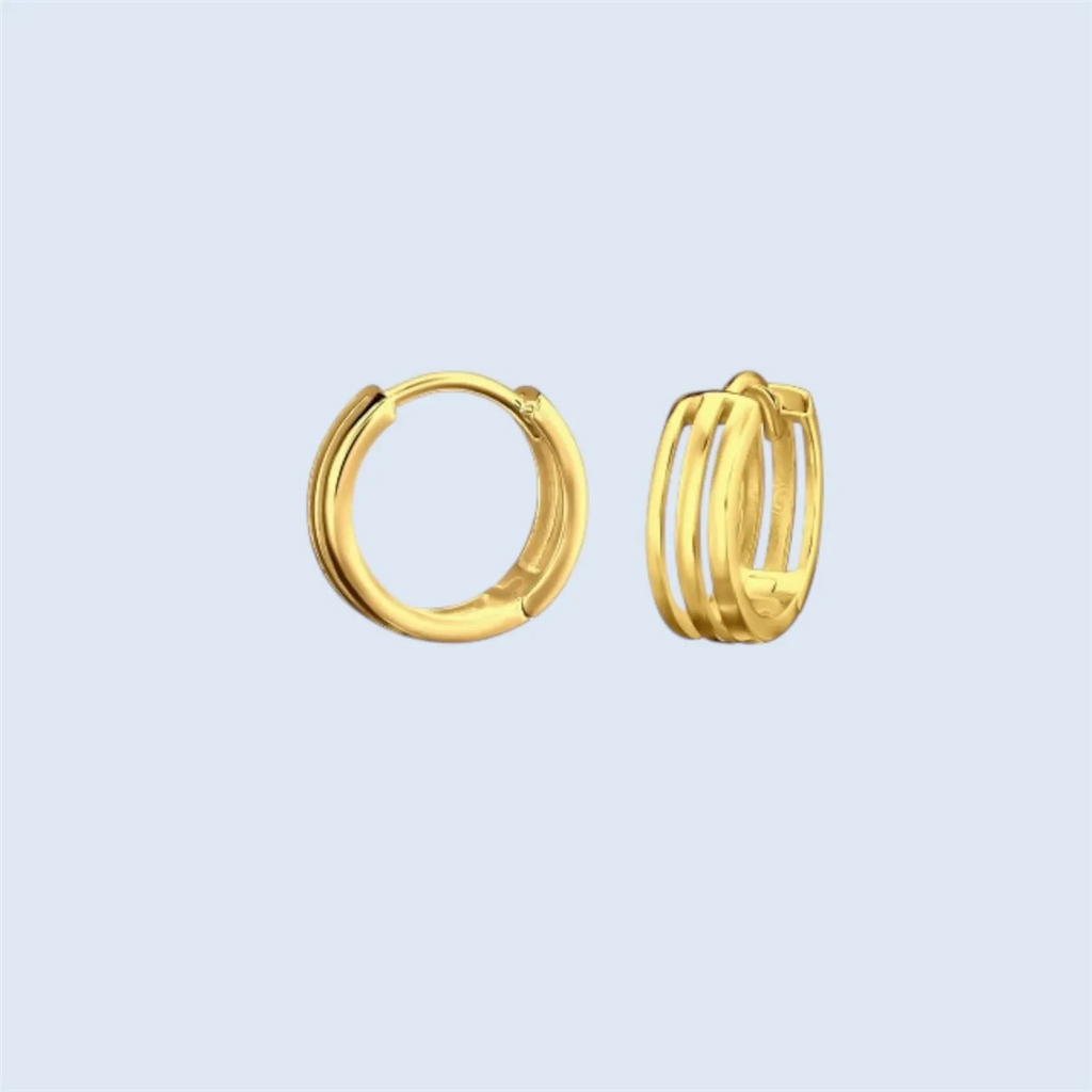 Sterling Silver 14K Gold Triple-Line Cubic Zirconia Hoop Earrings